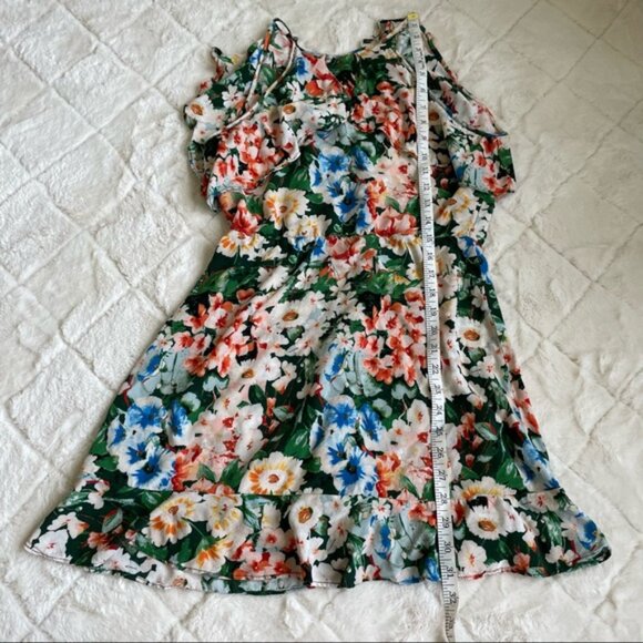 Zara Basic | Z1975 Denim Floral Halter Ruffle Sleeveless Mini Dress | Size Large - Picture 12 of 12